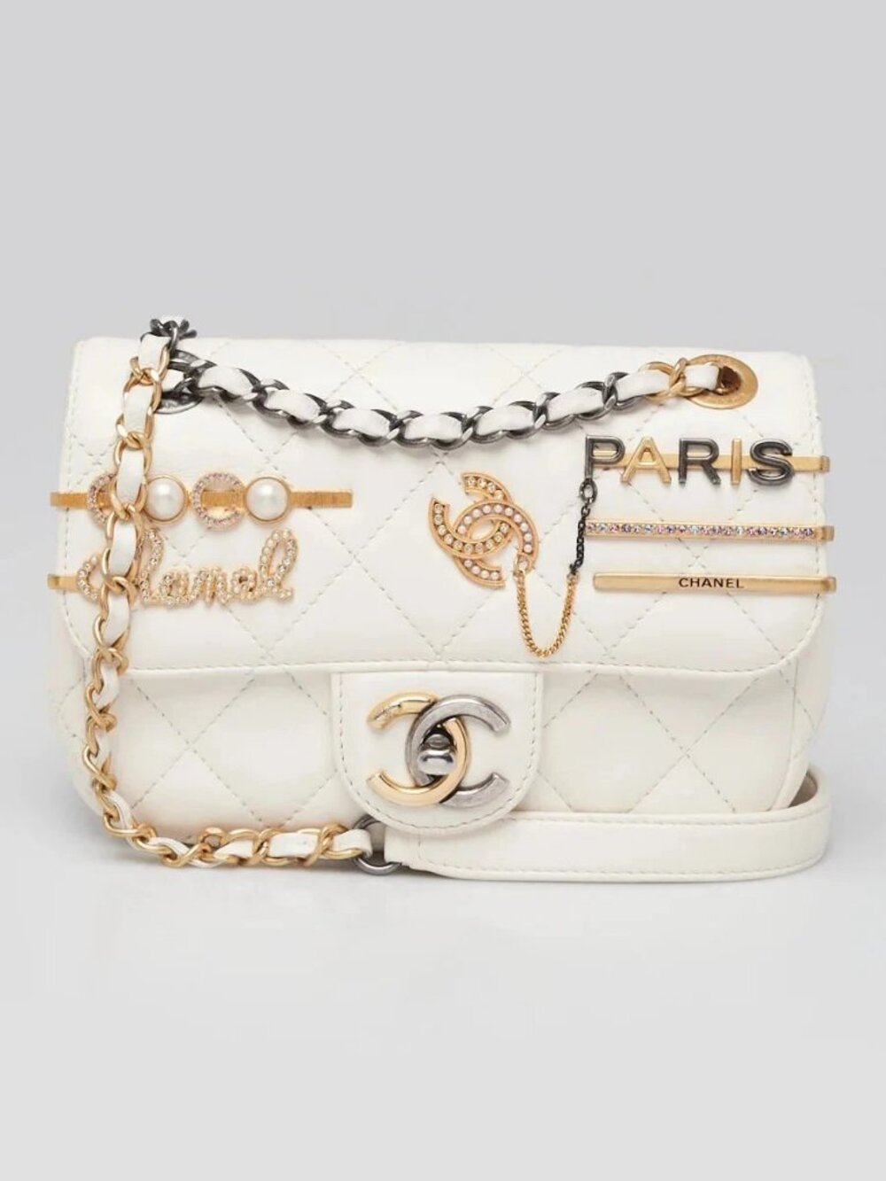 Chanel White Quilted Lambskin Leather Coco Clips Rectangular Mini Flap Bag
